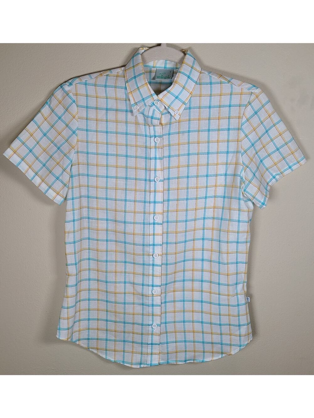 Vtg Women’s Wrangler Sz 7 70s Button Down Shirt Plaid Summer Short Sleeve USA